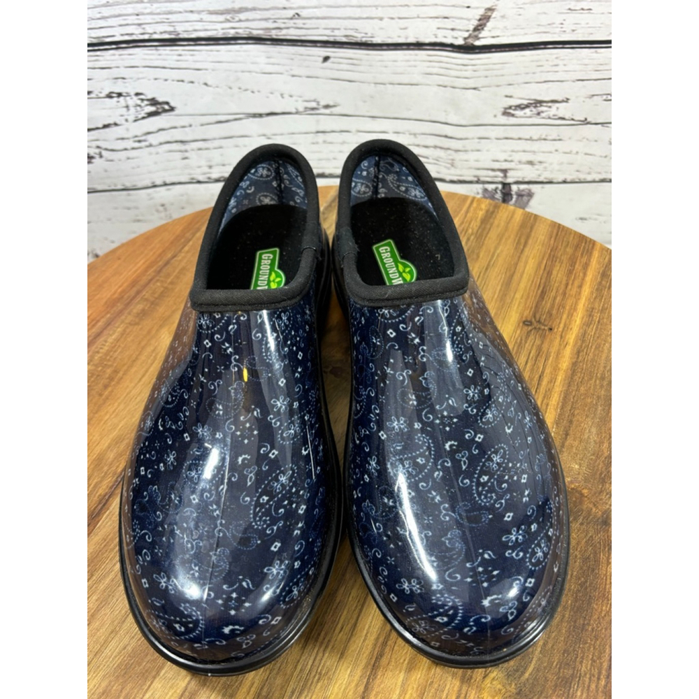Women's GroundWork Navy Blue White Paisley Rain Garden Clogs Size 10